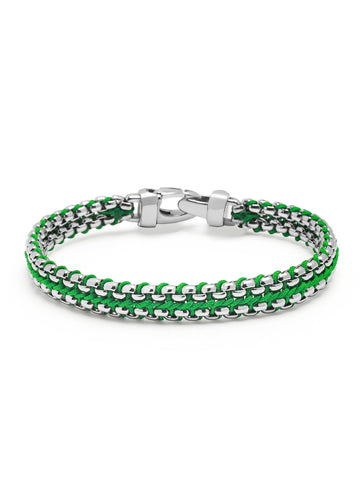 Nialaya Men's Bracelet Men's Green Woven 8 mm Box Chain Bracelet in Silver Men's Green Woven 8 mm Box Chain Bracelet in Silver